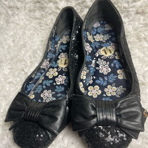Tory Burch Divine Bow  black Sequin Leather Flats with front bow accent Size 11 - Picture 4 of 10